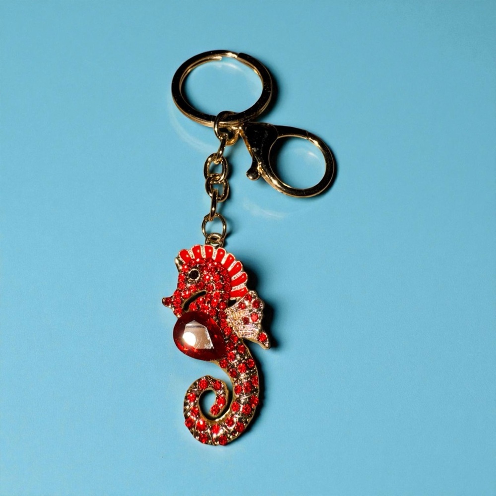 Red Seahorse Keychain with Gold Accents